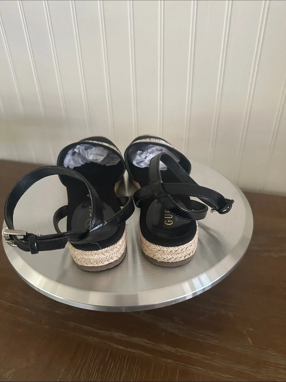 Guess Black Sandal Espadrilles with White Logo Like New sz 6.5